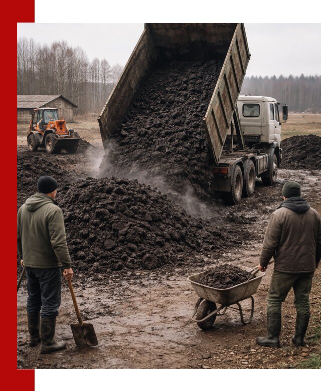 Доставка низинного торфа с разгрузкой и доставкой в Луге